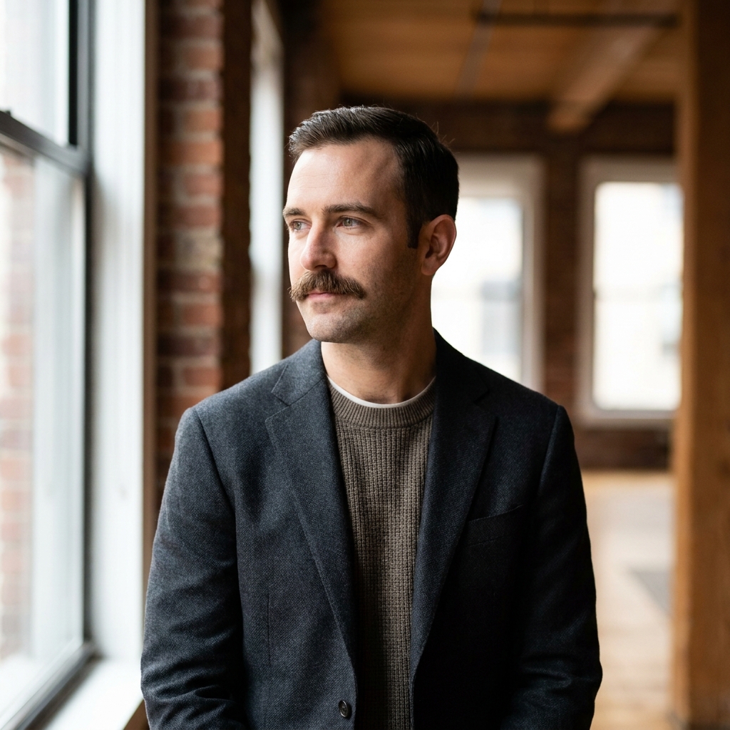 Confident man with a full, even mustache — representing successful hair transplant for patchy mustache growth