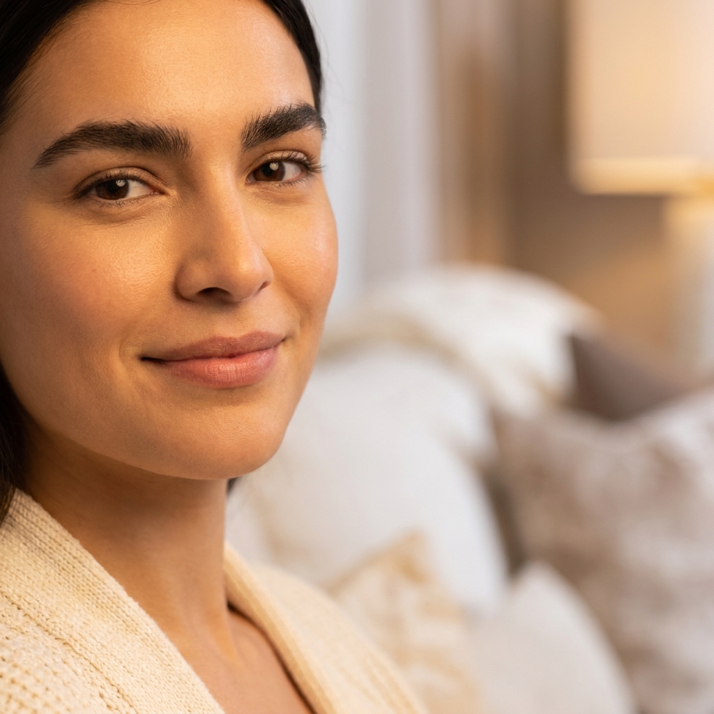 Woman with naturally full, beautifully restored eyebrows — eyebrow transplant procedure explained at Hair Doctor NYC