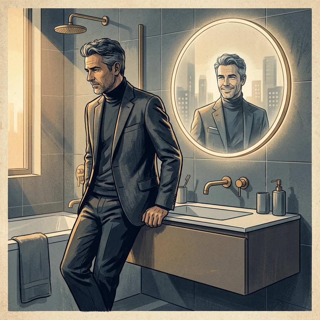 Man reflecting on hair transplant results realistic expectations in a modern luxury setting