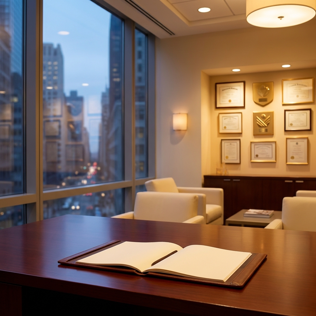 Elegant board certified facial plastic surgeon consultation office with credential displays in Manhattan