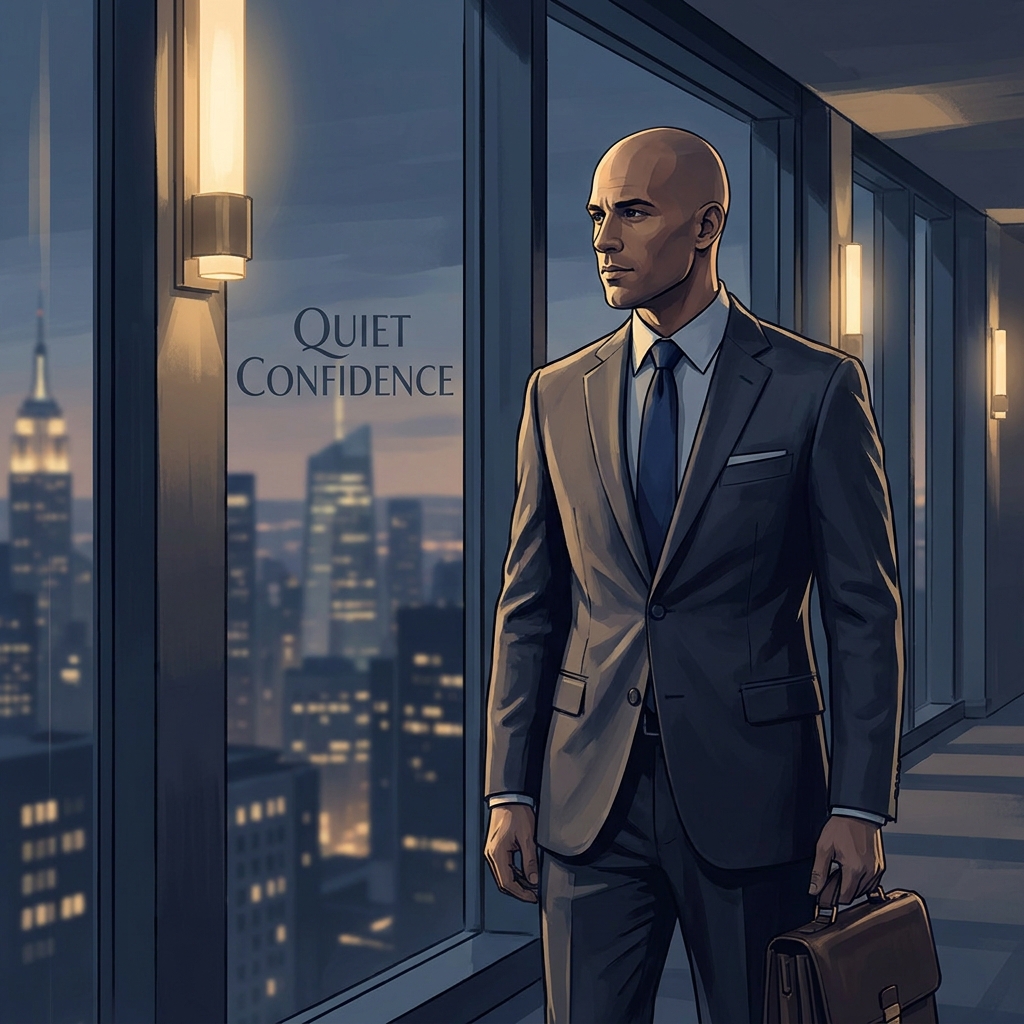 Confident bald man with scalp micropigmentation results in a modern Manhattan setting