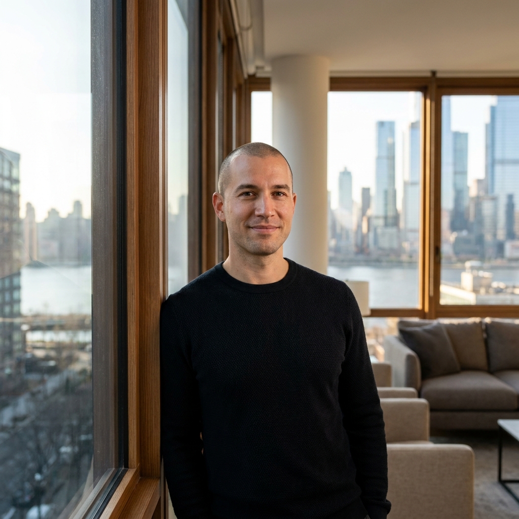 Confident man with well-maintained shaved head near Manhattan window, representing successful scalp micropigmentation aftercare results.