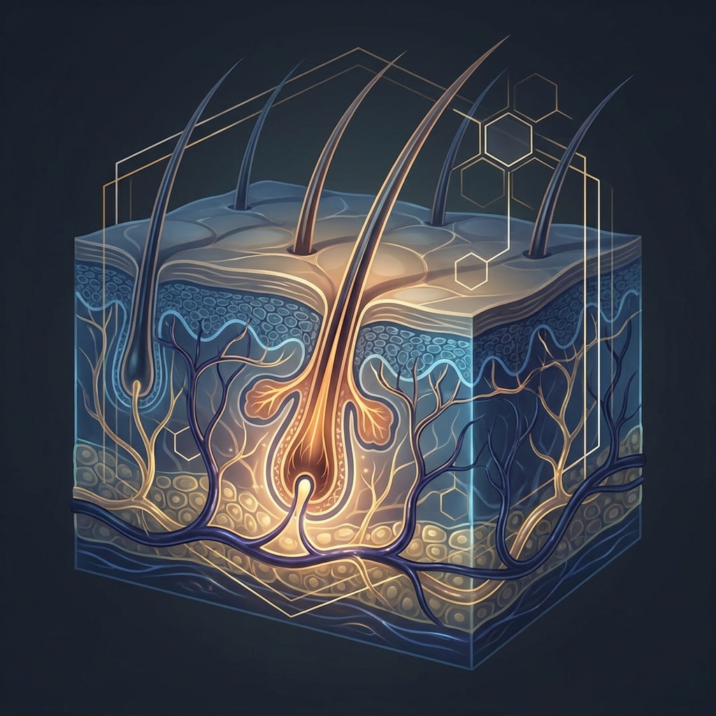 Stylized illustration of hair follicle regeneration through scar tissue, representing hair transplant for scar tissue coverage