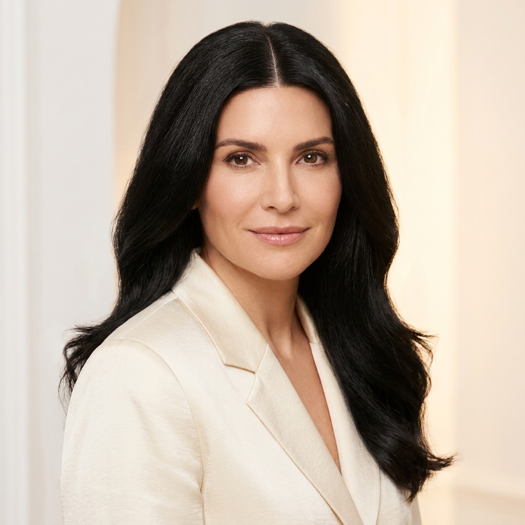 Confident woman with full, healthy hair and defined center part — symbolizing hope for hair transplant candidates with central parting thinning
