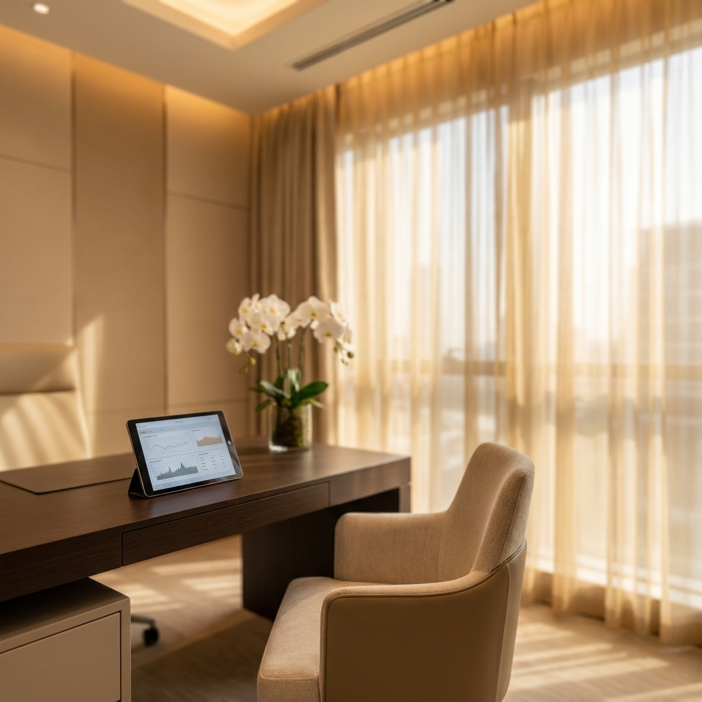 Elegant hair transplant consultation room in a luxury NYC clinic, conveying professionalism and patient trust.