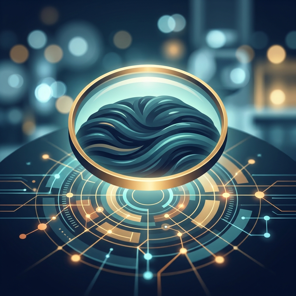 Stylized illustration of a diagnostic lens revealing hidden patterns, representing hair loss diagnosis methods and dermatoscopy.