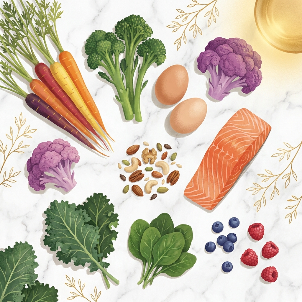 Nutrient-rich foods recommended for what to eat after hair transplant surgery arranged on marble surface