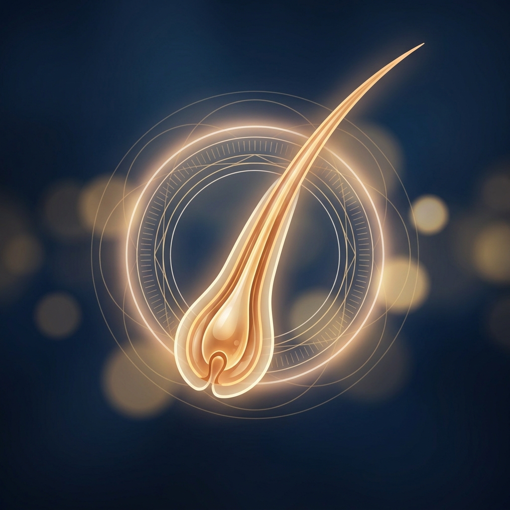 Elegant scientific illustration of a hair follicle unit, representing the precision of how hair follicles are harvested in FUE