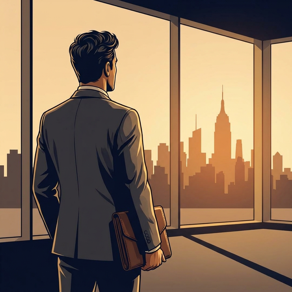 Confident finance professional with full hair overlooking NYC skyline — hair transplant for men in finance and law NYC