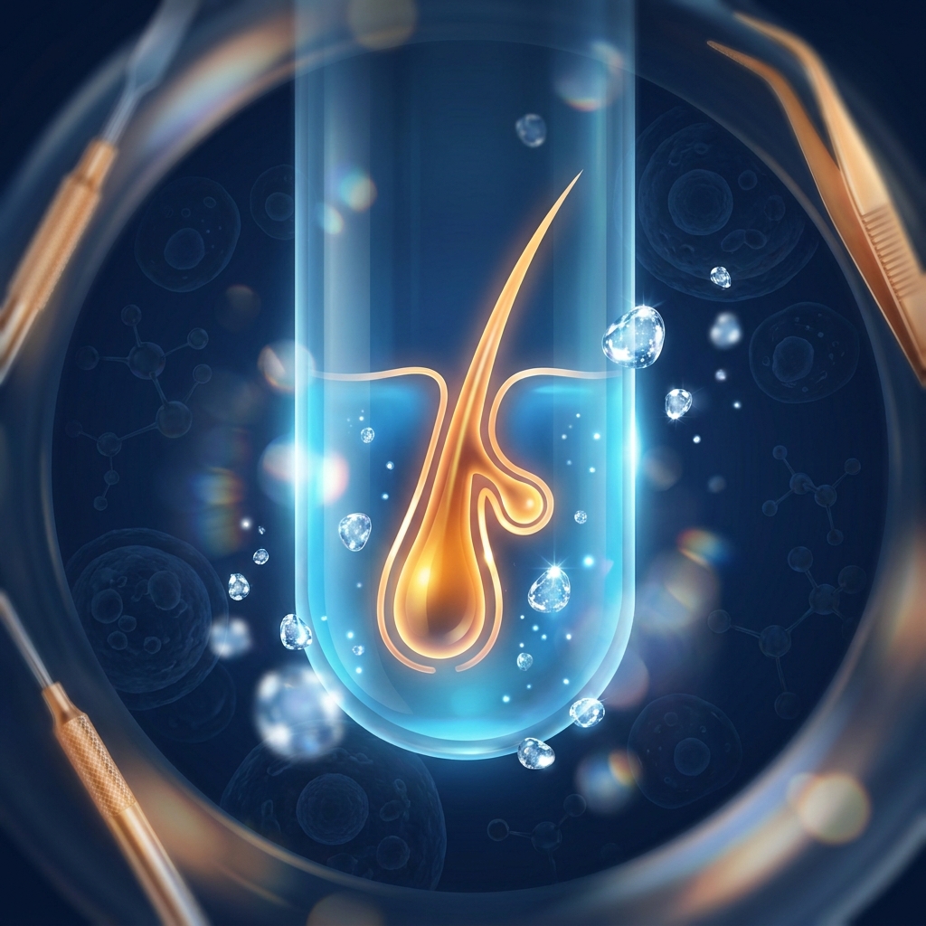 Glowing hair follicle preserved in solution, representing hair transplant graft storage and viability science