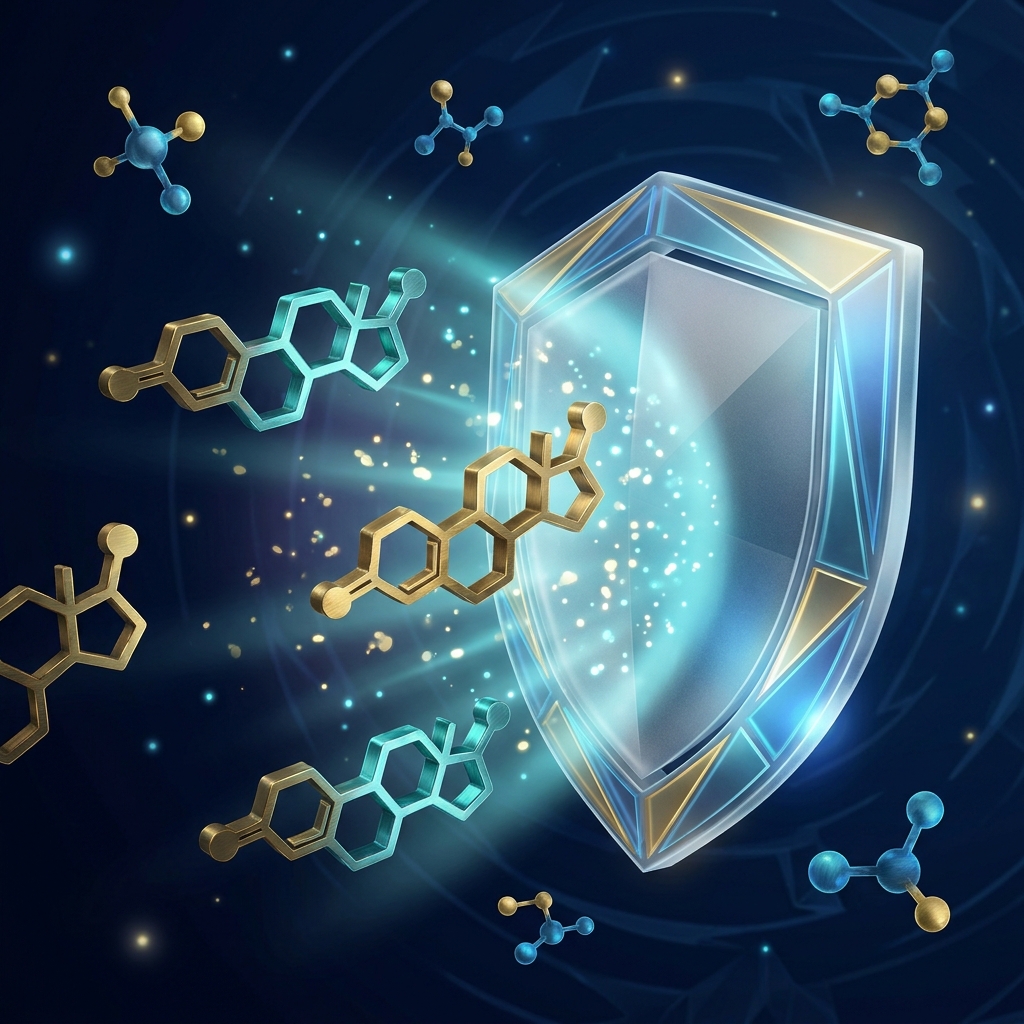 Stylized illustration of DHT molecules blocked by a molecular shield, representing how finasteride works for hair loss