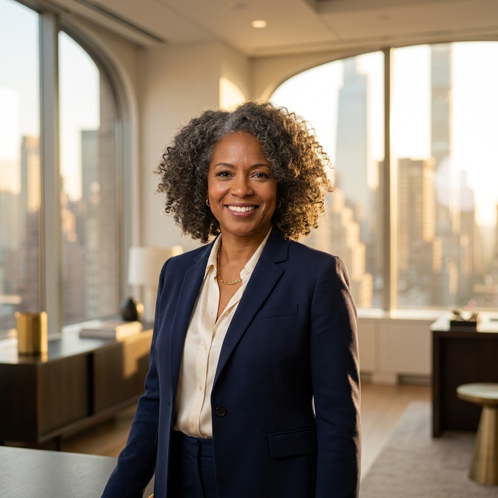 Confident professional with natural full hair in an elegant Manhattan setting, representing hairdoctornyc.com hair restoration results.