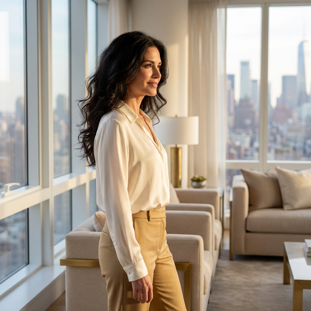 Confident woman with full healthy hair in a modern Manhattan setting, representing hair transplant results for women in New York City