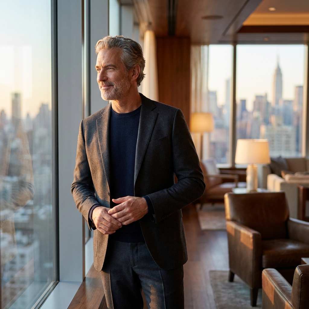 Confident man over 50 with natural full hair looking out over Manhattan skyline — hair transplant considerations for men over 50