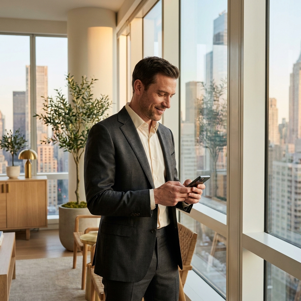 Confident man ready to book a hair transplant NYC consultation at a modern Manhattan clinic