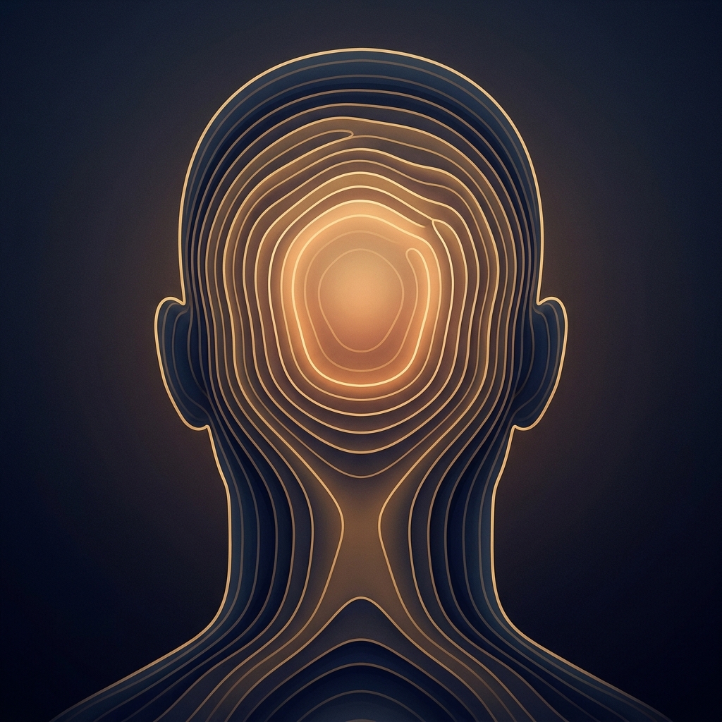 Conceptual illustration of the safe donor zone in hair transplant shown as a glowing topographic map on the back of the head