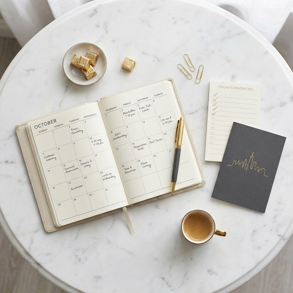 Checklist and planner for scheduling a hair transplant consultation in Manhattan on marble surface