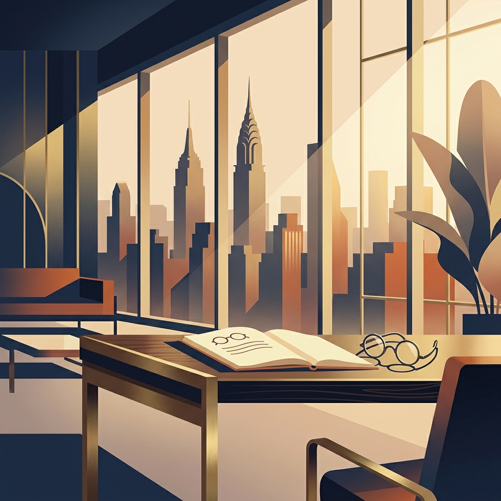 Sophisticated Manhattan office setting evoking careful review of hair transplant clinic options in New York City