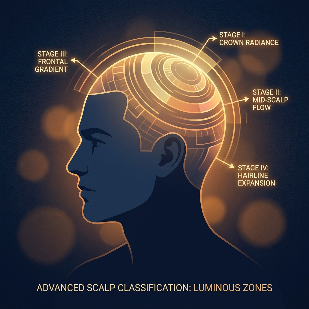 Stylized illustration explaining the Norwood Hamilton scale with glowing scalp zone diagram on male silhouette