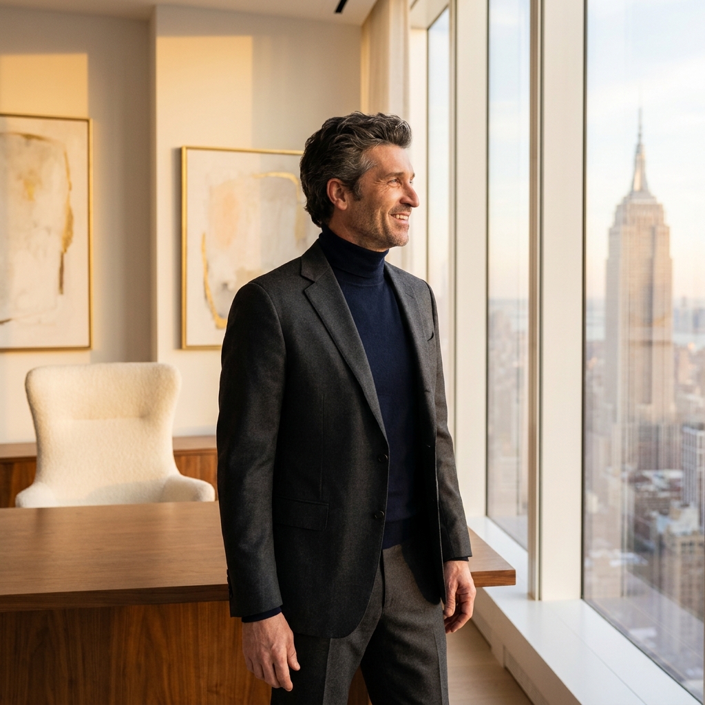 Confident man with full hair in a modern Manhattan setting, representing FUE hair transplant cost New York outcomes