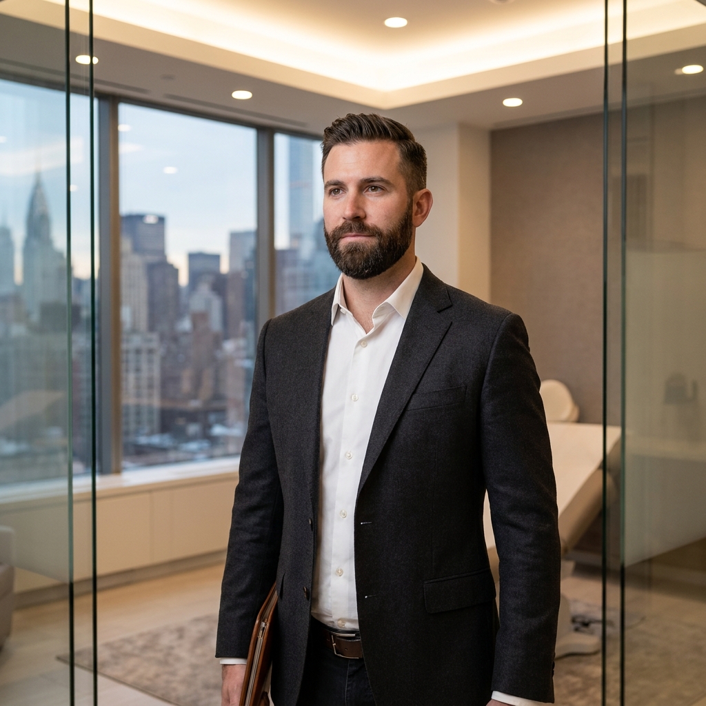 Confident man with full beard in a modern NYC medical office, ready for a beard transplant NYC appointment
