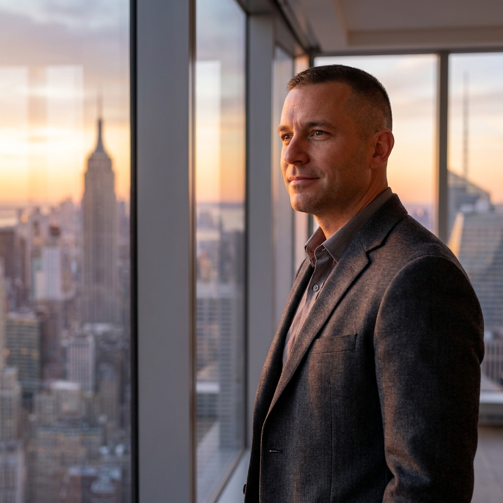 Confident man with sharp hairstyle against NYC skyline, representing scalp micropigmentation cost NYC results