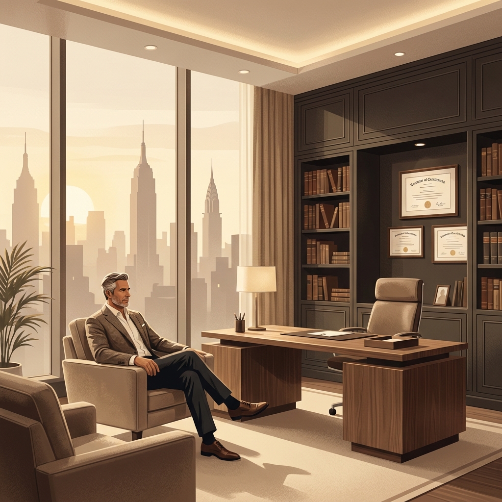 Elegant Midtown Manhattan consultation office for a hair transplant surgeon, conveying trust and premium care