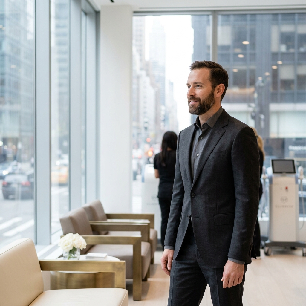Well-groomed man with sculpted beard in modern NYC clinic setting, representing beard transplant cost considerations in New York City