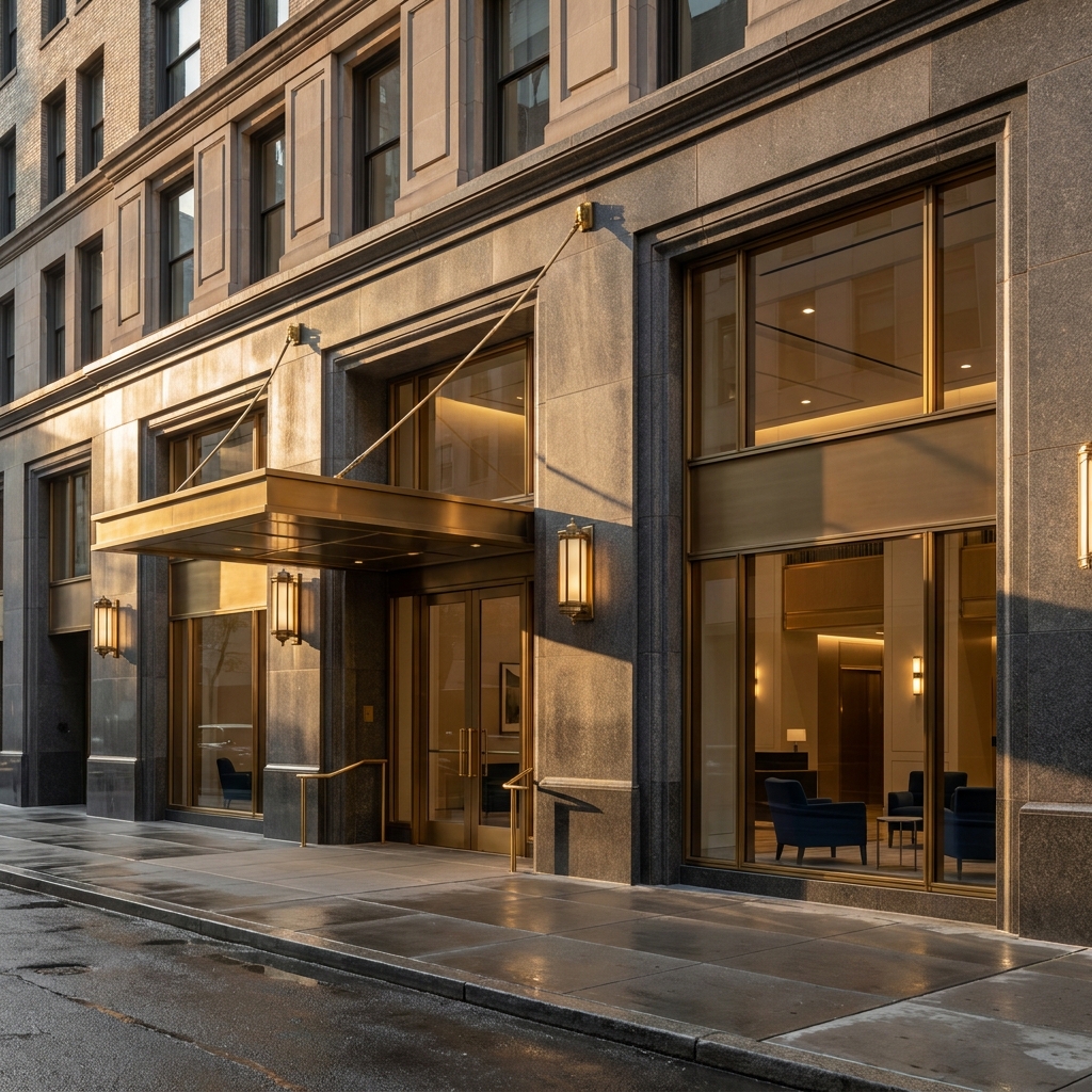 Prestigious Madison Avenue building entrance representing a premier hair restoration clinic near Madison Avenue in Midtown Manhattan