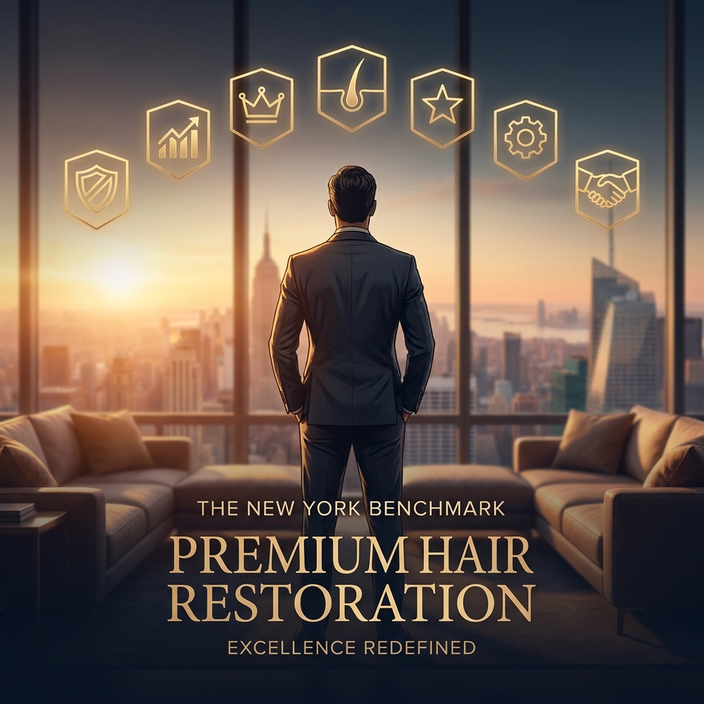 Premium hair transplant New York luxury benchmark framework represented by elegant Manhattan professional setting with gold standard icons