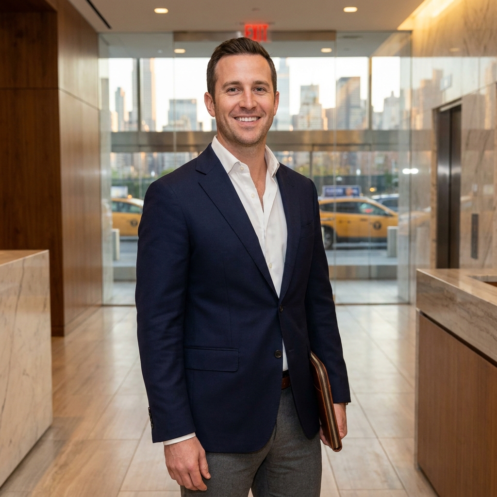 Confident man in modern Manhattan setting representing hair transplant New York City journey