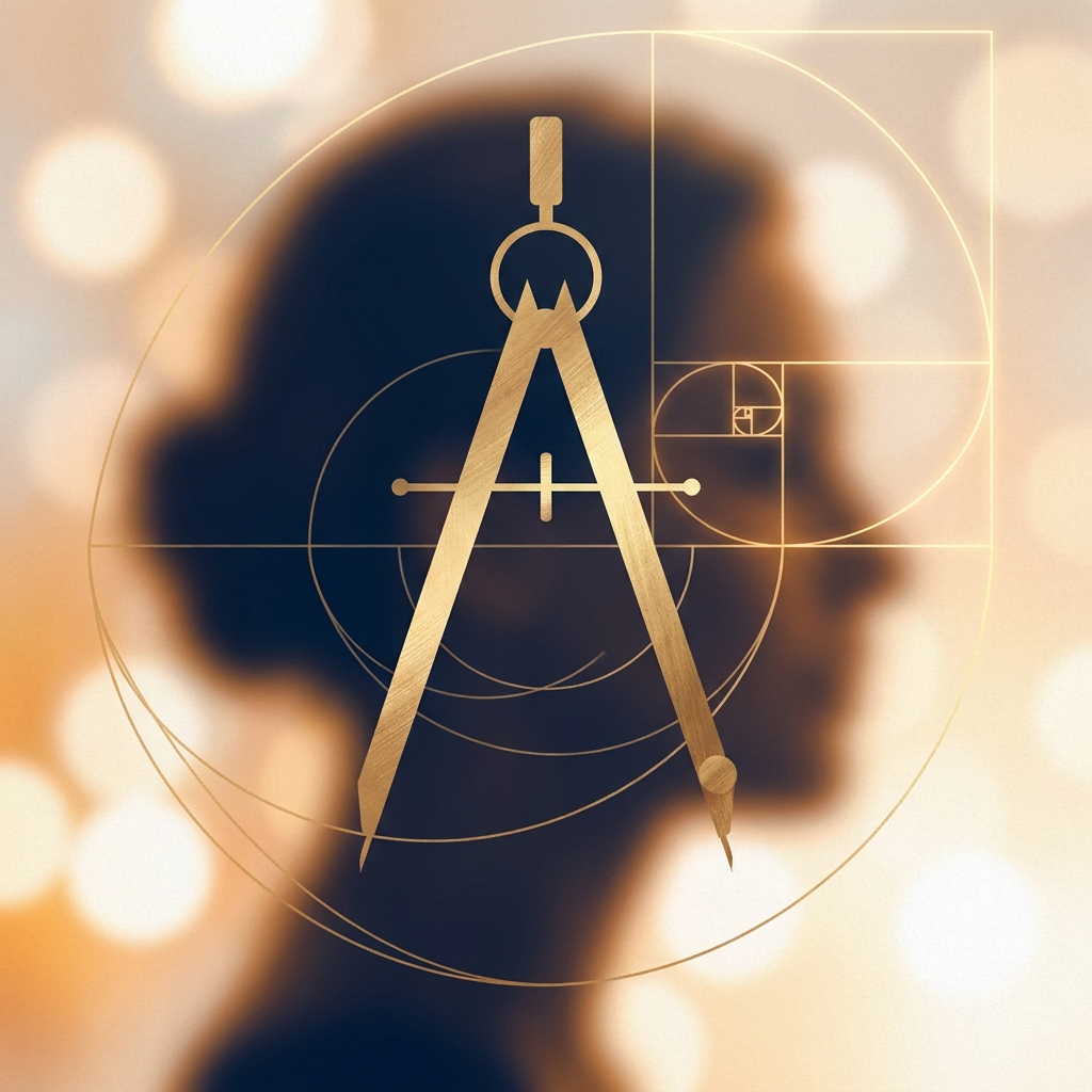 Conceptual illustration of geometric design tools over a human profile, representing how natural hairlines are designed in hair transplants