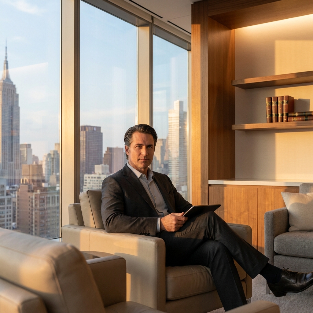 Confident professional man in a modern Midtown Manhattan consultation room for hair restoration consultation
