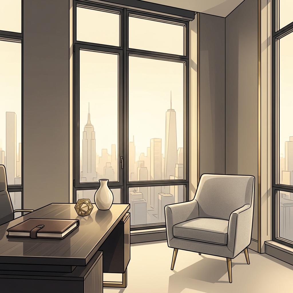Elegant Manhattan medical consultation office with city views, representing a non surgical hair loss treatment NYC appointment