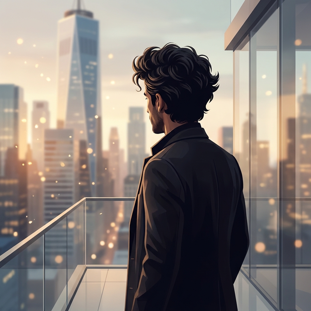 Man with dense full hair coverage overlooking Manhattan skyline, representing FUT hair transplant results dense coverage outcomes