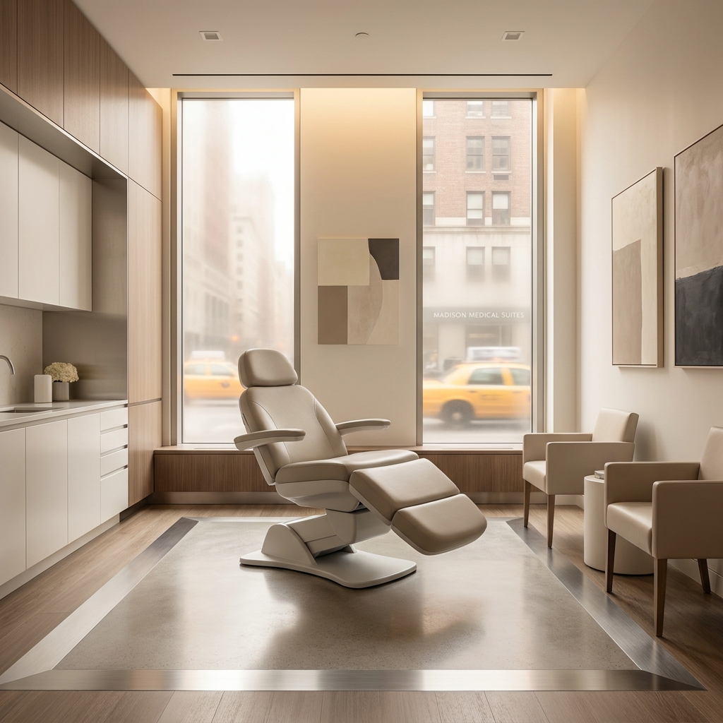 Elegant medical clinic interior in New York City, representing a professional scalp micropigmentation specialist setting.