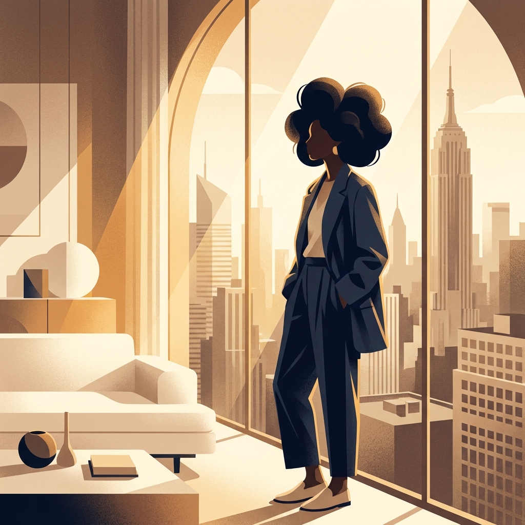 Confident person with restored healthy hair overlooking Manhattan skyline, representing recovery from post-COVID hair loss