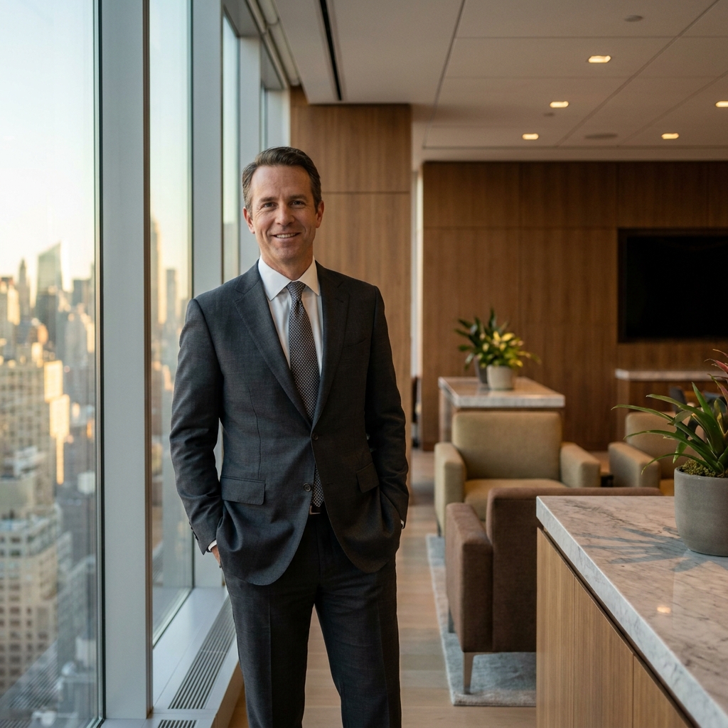Confident man in modern Manhattan clinic ready to schedule FUE hair transplant consultation in New York City