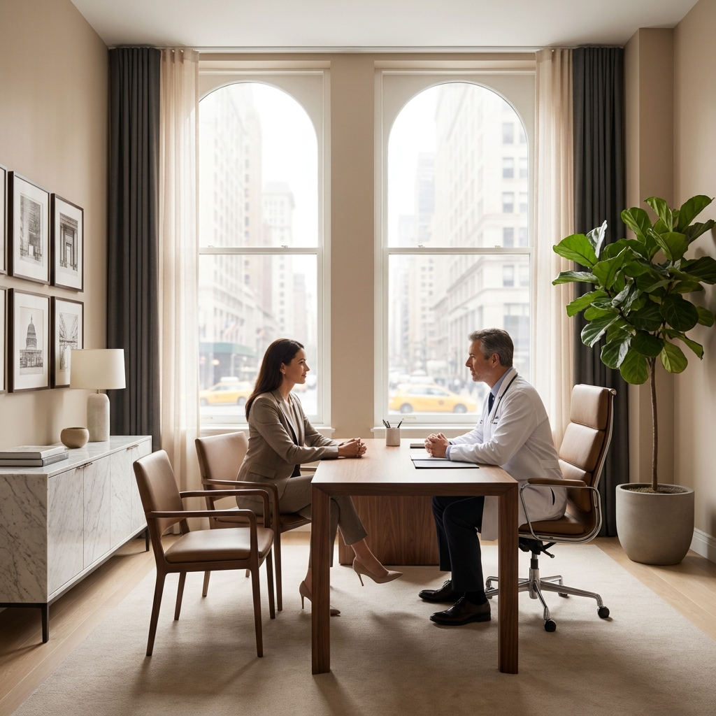 Physician-led hair transplant consultation in a luxury New York City clinic on Madison Avenue