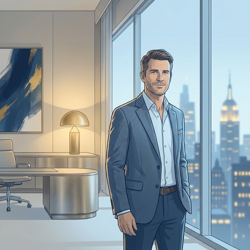 Confident man in a modern hair restoration consultation room, representing hair transplant planning for men with low donor density.