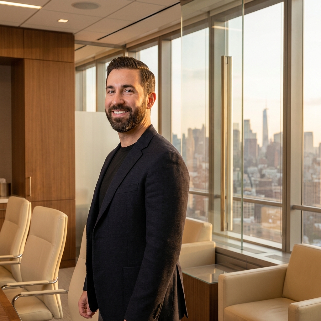 Well-groomed man with sculpted beard in a modern NYC medical office, representing facial hair transplant surgeon NYC results.