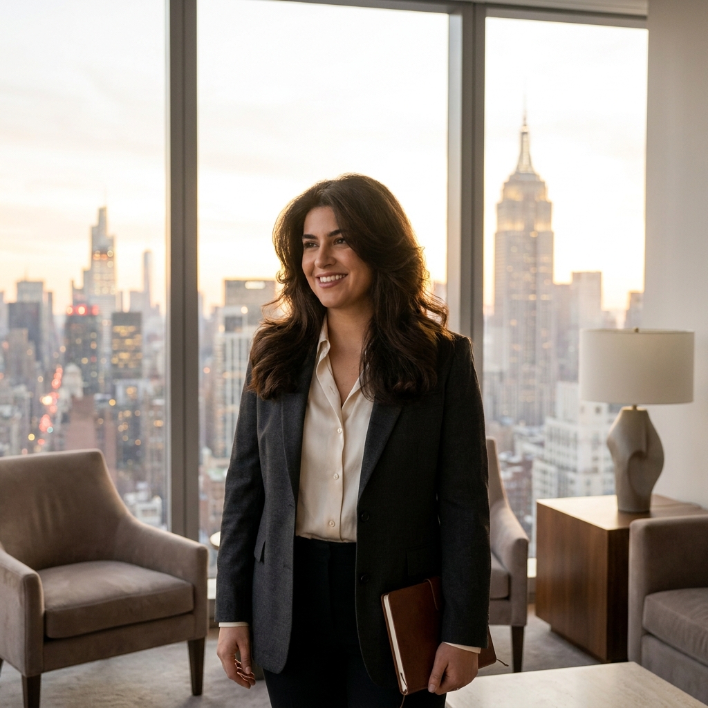 Confident professional with healthy hair overlooking NYC skyline, representing hair loss treatment clinic New York City results