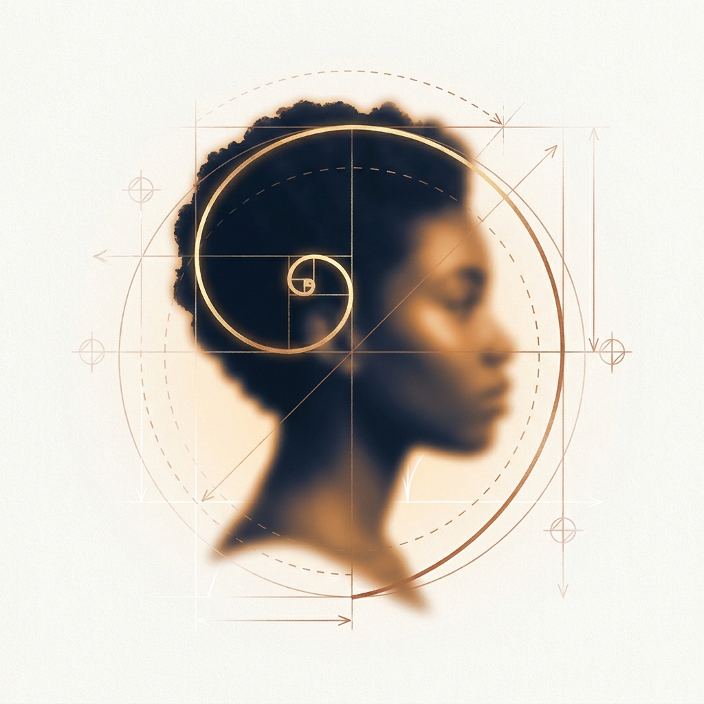 Artistic illustration of geometric hairline design principles with golden ratio curves for hair transplant planning