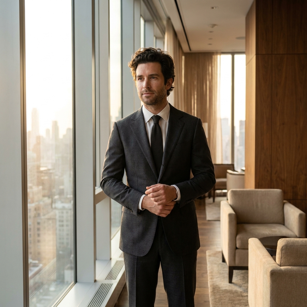 Confident man with natural-looking full hair against NYC skyline, representing hair transplant before and after photos NYC results