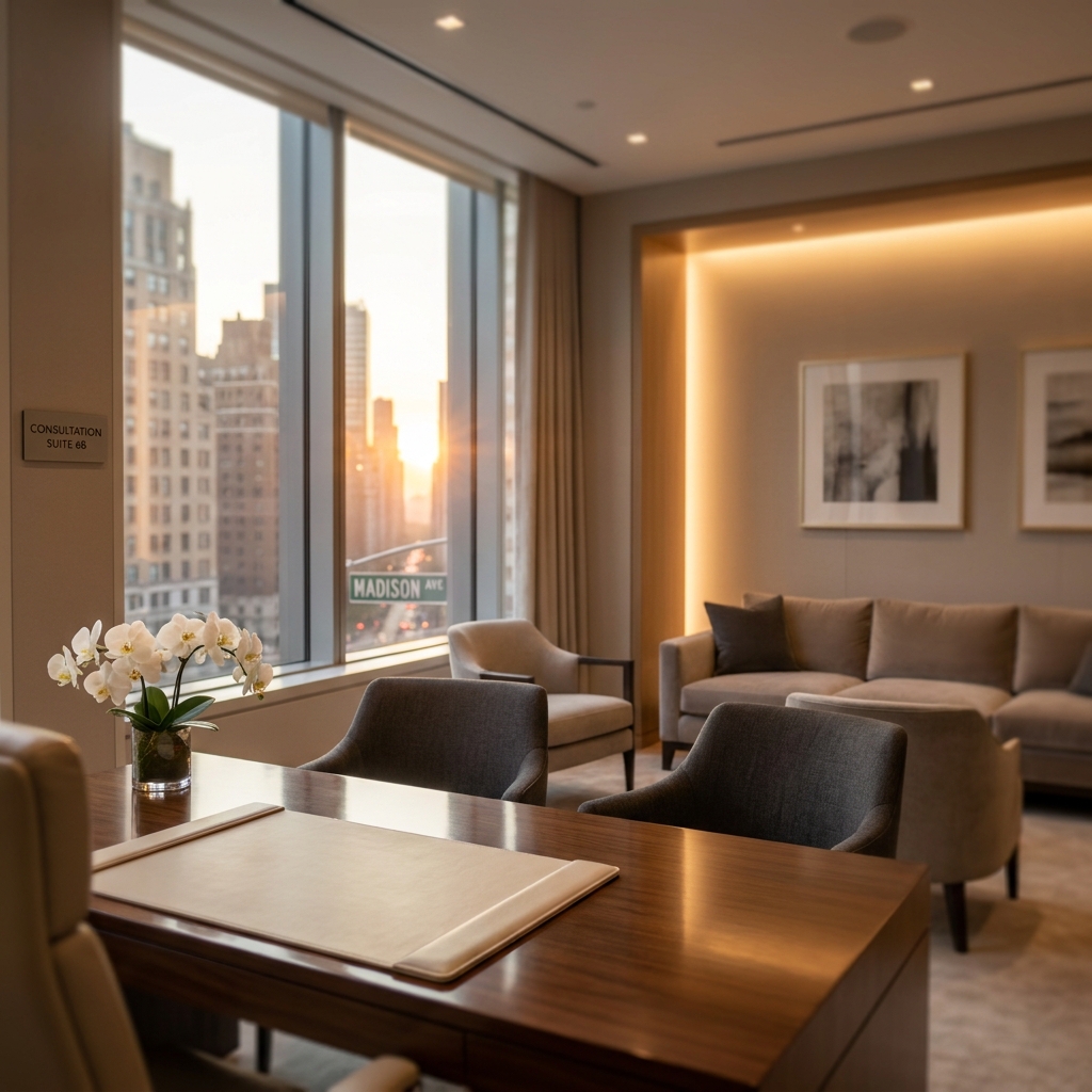 Luxury hair clinic New York consultation suite with elegant Manhattan interior and warm ambient lighting