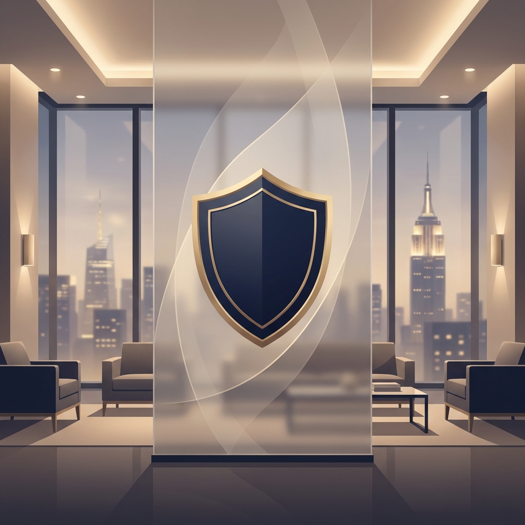 Elegant privacy shield concept representing hair transplant discretion and privacy NYC in a luxury Manhattan setting