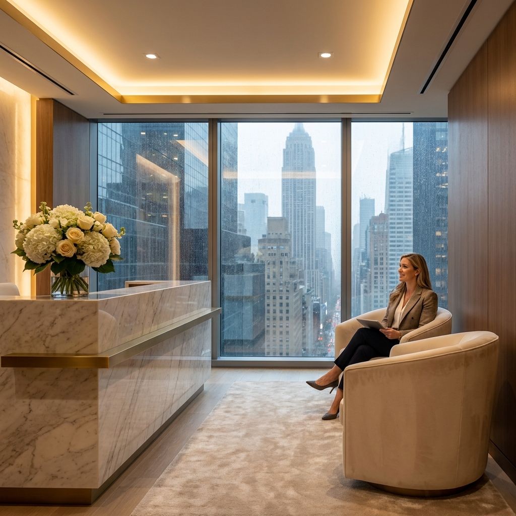 Elegant NYC hair doctor clinic consultation room where patients book a hair doctor NYC appointment