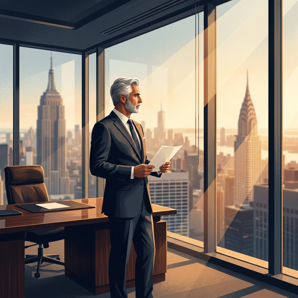 Confident executive with full hairline in Manhattan office — hair transplant for public figures and executives
