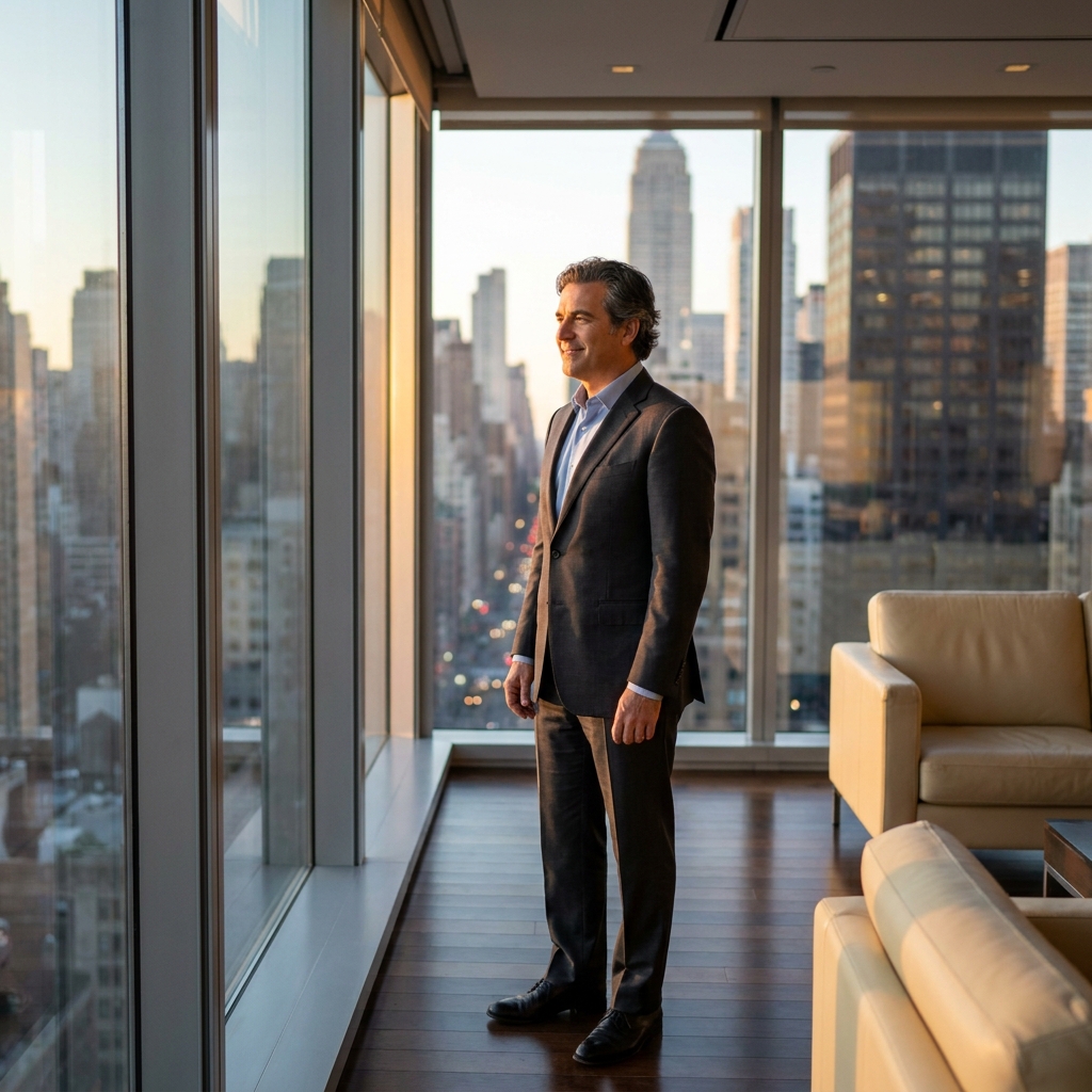 Confident man overlooking Manhattan skyline, representing men considering hair transplant surgery in New York