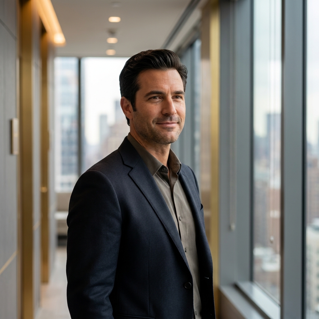 Confident man with full natural hairline in a modern Manhattan clinic, representing successful male hair restoration.